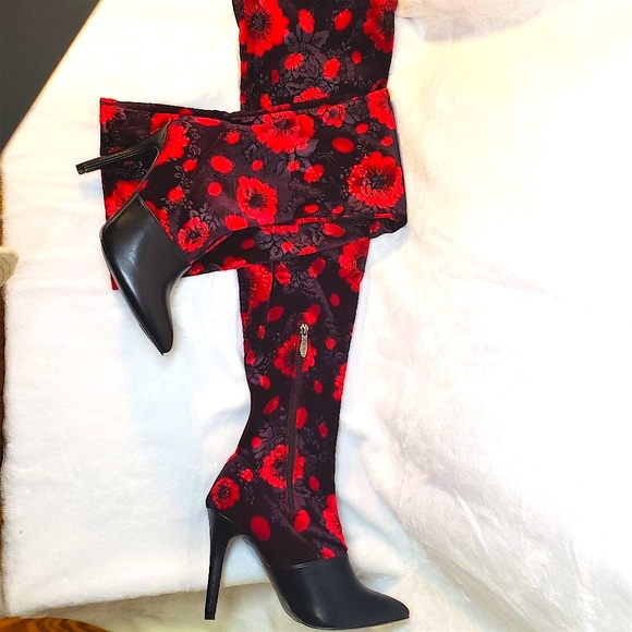 Mac J Black Cherry Stretch Velvet Red Floral OTK Stocking Boots 3.5" High Heel - Picture 15 of 15